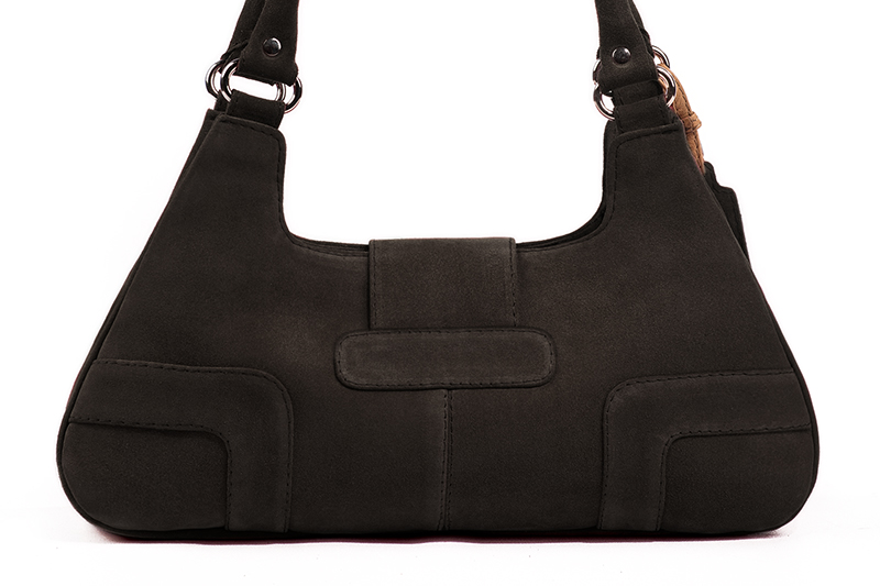 Dark brown women's dress handbag, matching pumps and belts. Rear view - Florence KOOIJMAN